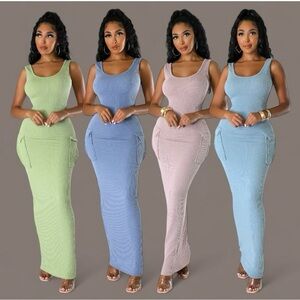 Set of 3-Ribbed Scoop Neck Maxi With Pocket Dresses -Blue, Black , Orange